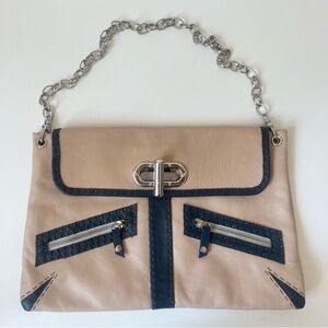Carla Mancini Tan Navy Leather Purse Bag With Chain Strap